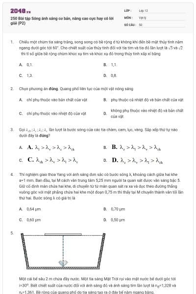 250 Bài tập Sóng ánh sáng cơ bản, nâng cao cực hay có lời giải (P2)