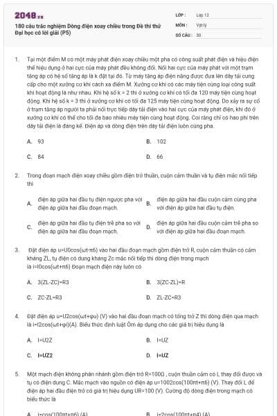 180 câu trắc nghiệm Dòng điện xoay chiều trong Đề thi thử Đại học có lời giải (P5)