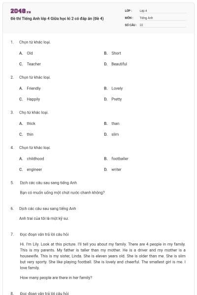 Đề thi Tiếng Anh lớp 4 Giữa học kì 2 có đáp án (Đề 4)