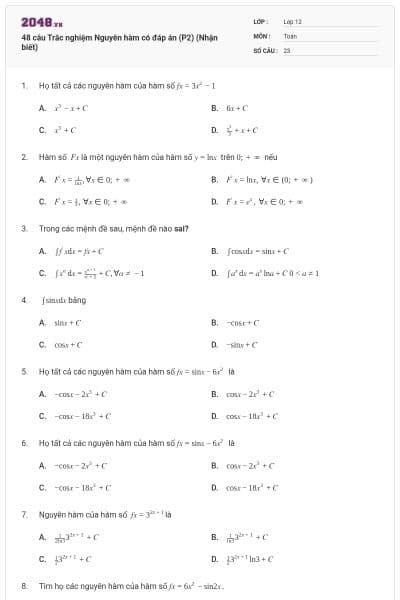 48 câu Trắc nghiệm Nguyên hàm có đáp án (P2) (Nhận biết)