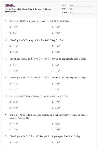 10 câu Trắc nghiệm Toán 8 Bài 1: Tứ giác có đáp án (Thông hiểu)