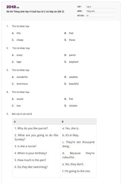 Đề thi Tiếng Anh lớp 4 Cuối học kì 2 có đáp án (Đề 2)