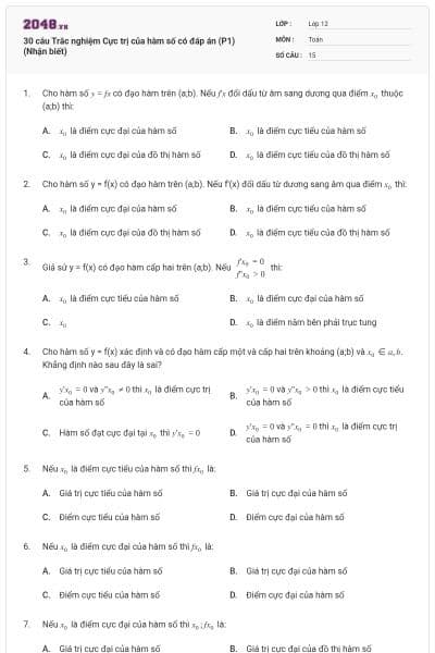 30 câu Trắc nghiệm Cực trị của hàm số có đáp án (P1) (Nhận biết)