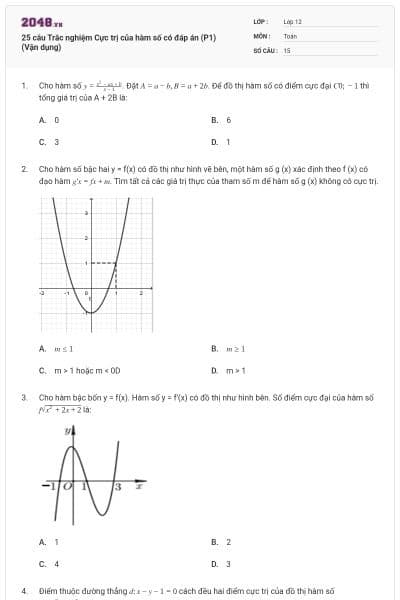25 câu Trắc nghiệm Cực trị của hàm số có đáp án (P1) (Vận dụng)