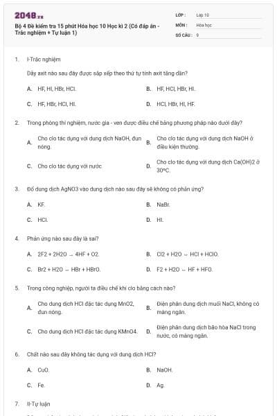 Bộ 4 Đề kiểm tra 15 phút Hóa học 10 Học kì 2 (Có đáp án - Trắc nghiệm + Tự luận 1)
