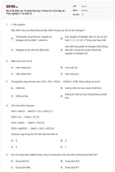 Bộ 4 Đề kiểm tra 15 phút Hóa học 10 Học kì 2 (Có đáp án - Trắc nghiệm + Tự luận 2)