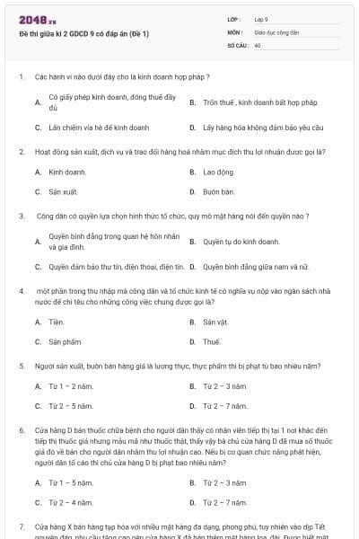 Đề thi giữa kì 2 GDCD 9 có đáp án (Đề 1)