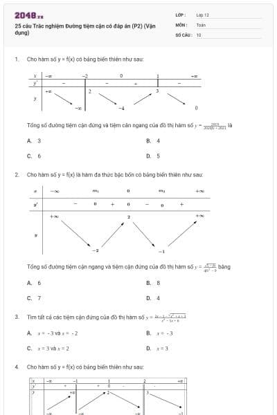 25 câu Trắc nghiệm Đường tiệm cận có đáp án (P2) (Vận dụng)