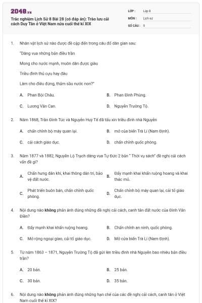 Trắc nghiệm Lịch Sử 8 Bài 28 (có đáp án): Trào lưu cải cách Duy Tân ở Việt Nam nửa cuối thế kỉ XIX
