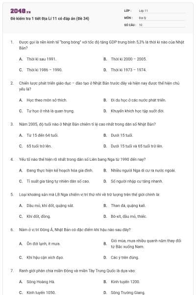 Đề kiểm tra 1 tiết Địa Lí 11 có đáp án (Đề 34)