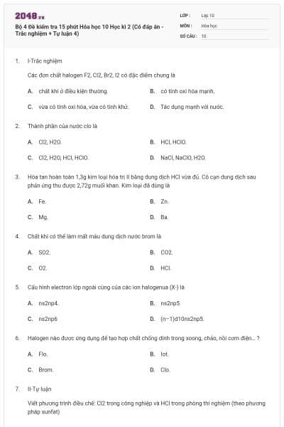 Bộ 4 Đề kiểm tra 15 phút Hóa học 10 Học kì 2 (Có đáp án - Trắc nghiệm + Tự luận 4)