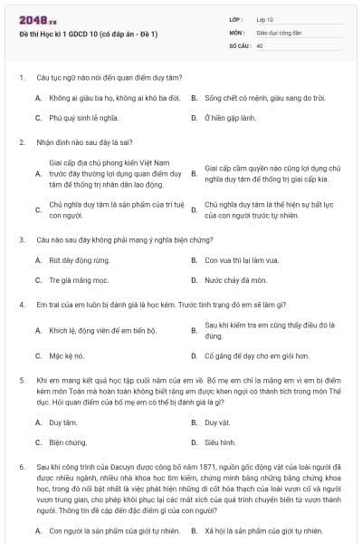 Đề thi Học kì 1 GDCD 10 (có đáp án - Đề 1)