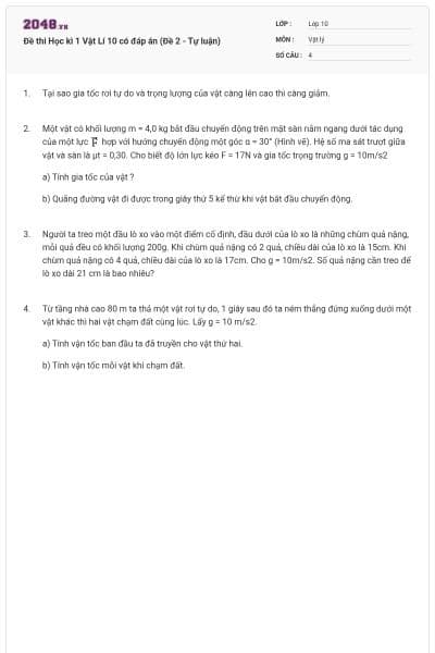 Đề thi Học kì 1 Vật Lí 10 có đáp án (Đề 2 - Tự luận)