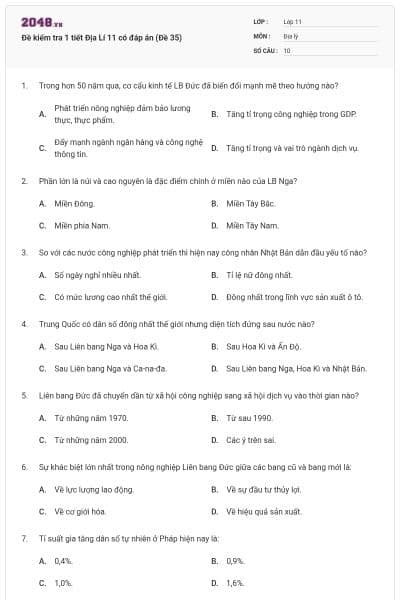 Đề kiểm tra 1 tiết Địa Lí 11 có đáp án (Đề 35)