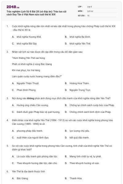 Trắc nghiệm Lịch Sử 8 Bài 28 (có đáp án): Trào lưu cải cách Duy Tân ở Việt Nam nửa cuối thế kỉ XIX