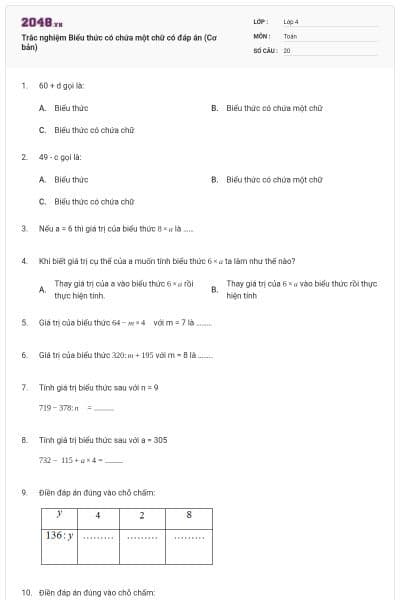 Trắc nghiệm Biểu thức có chứa một chữ có đáp án (Cơ bản)