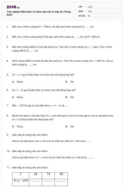 Trắc nghiệm Biểu thức có chứa một chữ có đáp án (Trung bình)