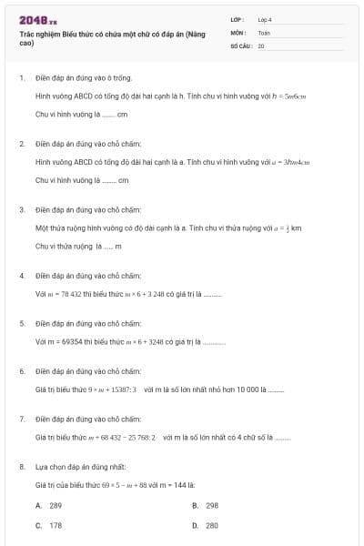 Trắc nghiệm Biểu thức có chứa một chữ có đáp án (Nâng cao)