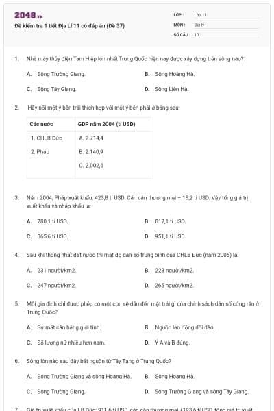 Đề kiểm tra 1 tiết Địa Lí 11 có đáp án (Đề 37)