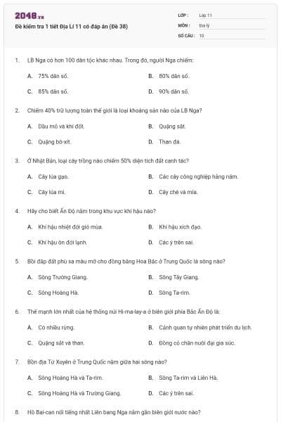 Đề kiểm tra 1 tiết Địa Lí 11 có đáp án (Đề 38)