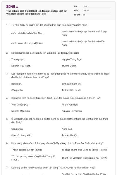 Trắc nghiệm Lịch Sử 8 Bài 31 (có đáp án): Ôn tập: Lịch sử Việt Nam từ năm 1858 đến năm 1918