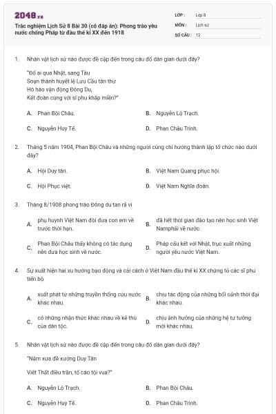 Trắc nghiệm Lịch Sử 8 Bài 30 (có đáp án): Phong trào yêu nước chống Pháp từ đầu thế kỉ XX đến 1918