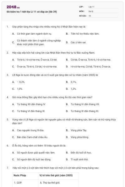 Đề kiểm tra 1 tiết Địa Lí 11 có đáp án (Đề 39)