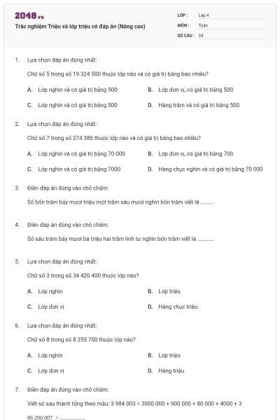 Trắc nghiệm Triệu và lớp triệu có đáp án (Nâng cao)