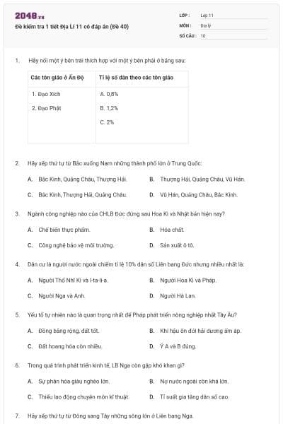 Đề kiểm tra 1 tiết Địa Lí 11 có đáp án (Đề 40)