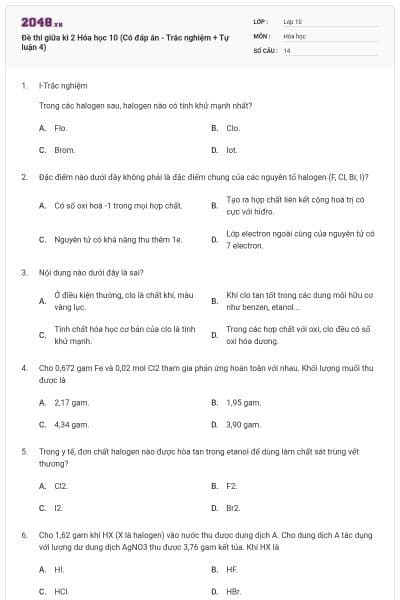 Đề thi giữa kì 2 Hóa học 10 (Có đáp án - Trắc nghiệm + Tự luận 4)