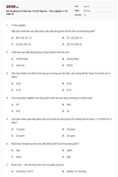Đề thi giữa kì 2 Hóa học 10 (Có đáp án - Trắc nghiệm + Tự luận 5)