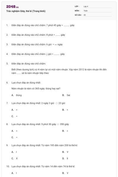 Trắc nghiệm Giây, thế kỉ (Trung bình)