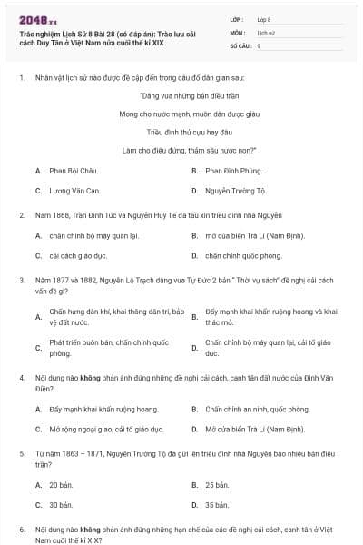 Trắc nghiệm Lịch Sử 8 Bài 28 (có đáp án): Trào lưu cải cách Duy Tân ở Việt Nam nửa cuối thế kỉ XIX