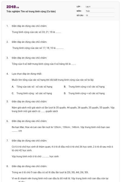 Trắc nghiệm Tìm số trung bình cộng (Cơ bản)