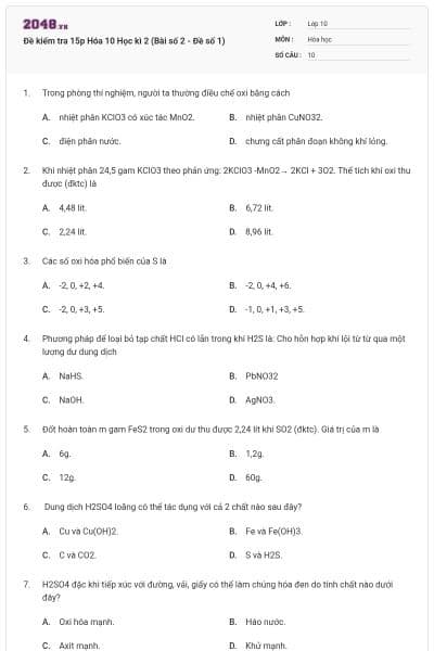 Đề kiểm tra 15p Hóa 10 Học kì 2 (Bài số 2 - Đề số 1)
