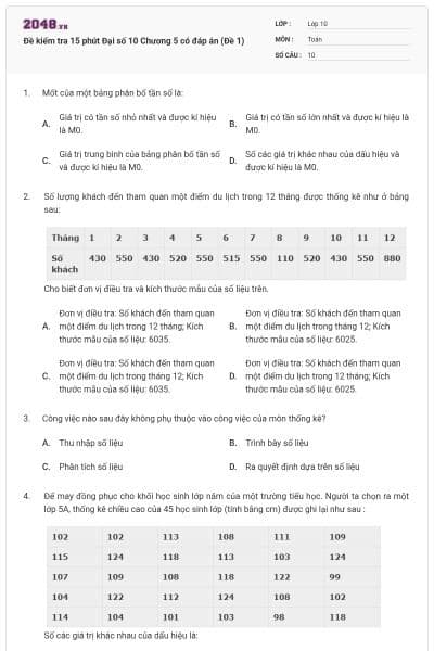 Đề kiểm tra 15 phút Đại số 10 Chương 5 có đáp án (Đề 1)