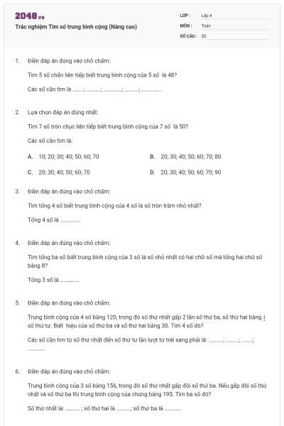 Trắc nghiệm Tìm số trung bình cộng (Nâng cao)