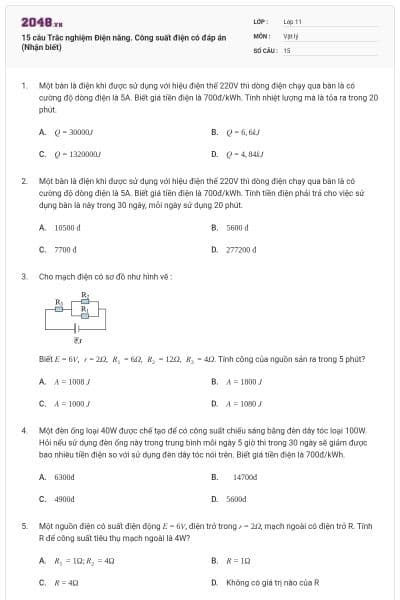 15 câu  Trắc nghiệm Điện năng. Công suất điện có đáp án (Nhận biết)