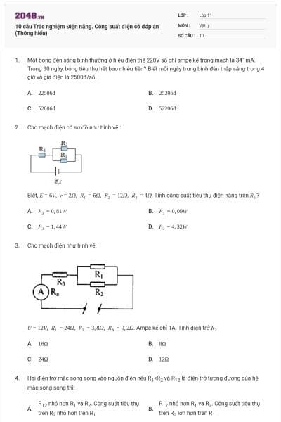 10 câu  Trắc nghiệm Điện năng. Công suất điện có đáp án (Thông hiểu)