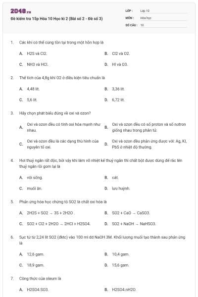 Đề kiểm tra 15p Hóa 10 Học kì 2 (Bài số 2 - Đề số 3)