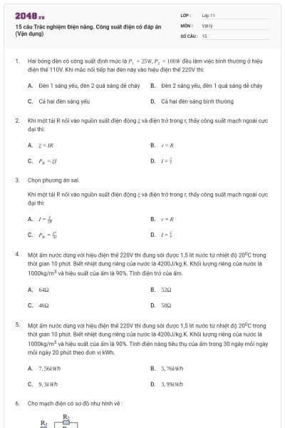 15 câu  Trắc nghiệm Điện năng. Công suất điện có đáp án (Vận dụng)