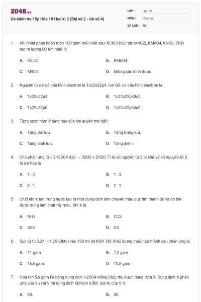 Đề kiểm tra 15p Hóa 10 Học kì 2 (Bài số 2 - Đề số 4)