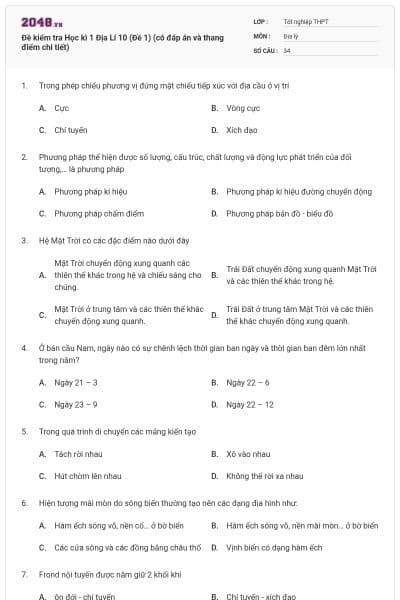 Đề kiểm tra Học kì 1 Địa Lí 10 (Đề 1) (có đáp án và thang điểm chi tiết)