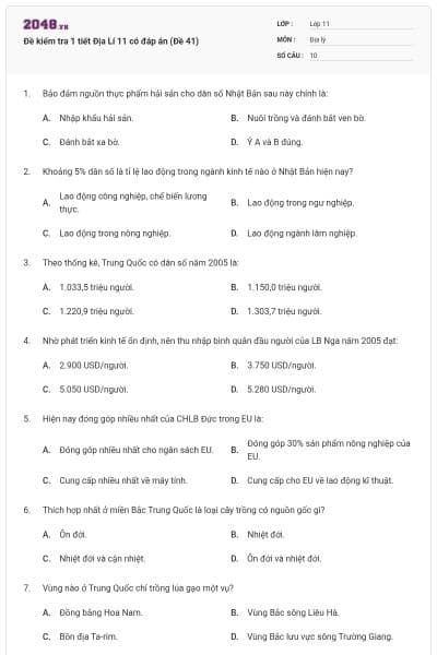 Đề kiểm tra 1 tiết Địa Lí 11 có đáp án (Đề 41)