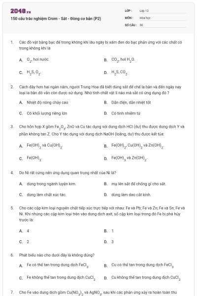150 câu trắc nghiệm Crom - Sắt - Đồng cơ bản (P2)