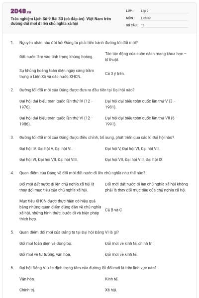 Trắc nghiệm Lịch Sử 9 Bài 33 (có đáp án): Việt Nam trên đường đổi mới đi lên chủ nghĩa xã hội