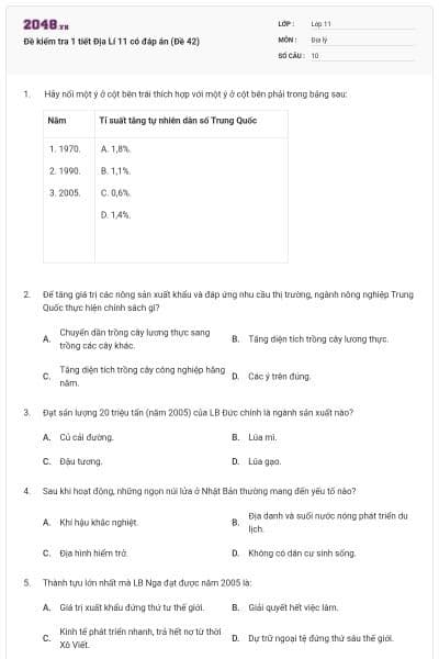 Đề kiểm tra 1 tiết Địa Lí 11 có đáp án (Đề 42)