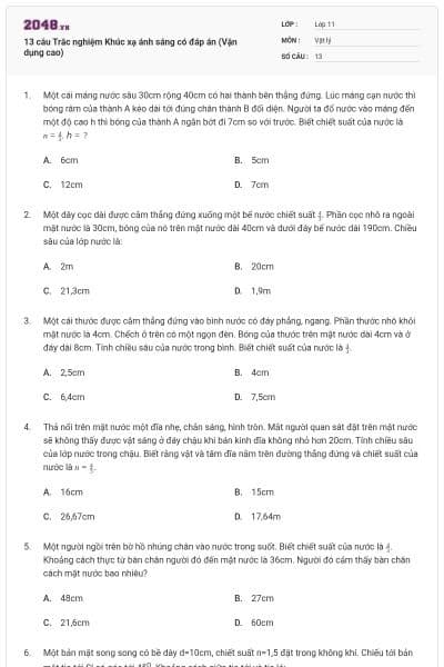 13 câu  Trắc nghiệm Khúc xạ ánh sáng có đáp án (Vận dụng cao)