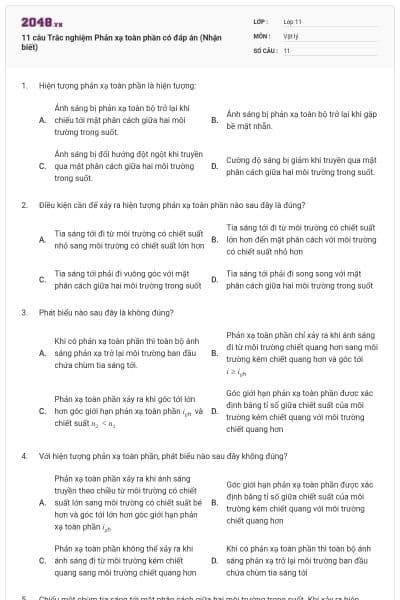 11 câu Trắc nghiệm Phản xạ toàn phần có đáp án (Nhận biết)