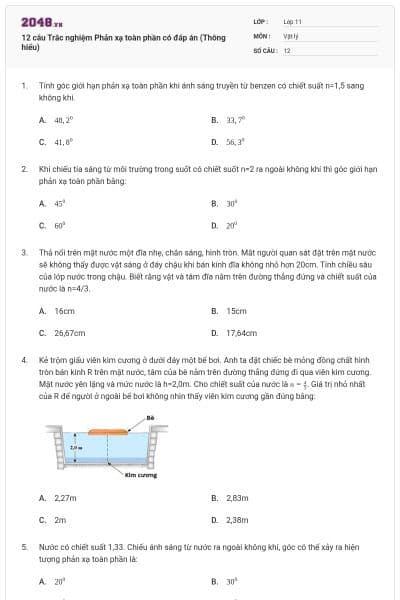 12 câu Trắc nghiệm Phản xạ toàn phần có đáp án (Thông hiểu)